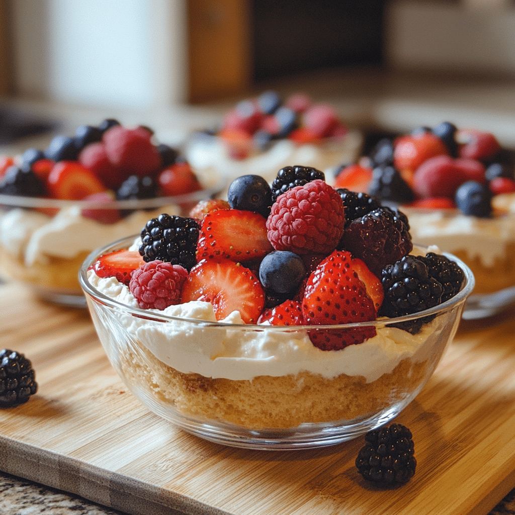 Glass bowls of berry cheesecake salad topped with fresh berries