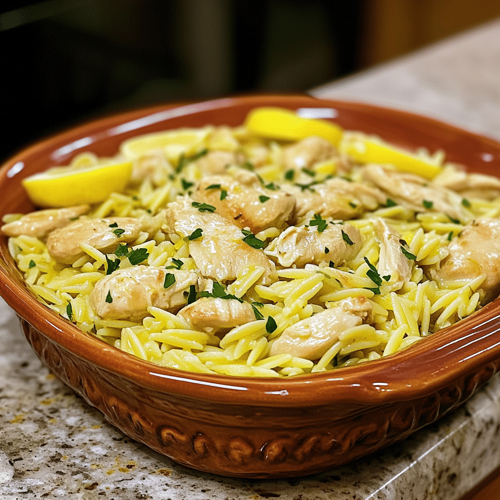 Homemade lemon chicken orzo in a serving dish in a bright kitchen