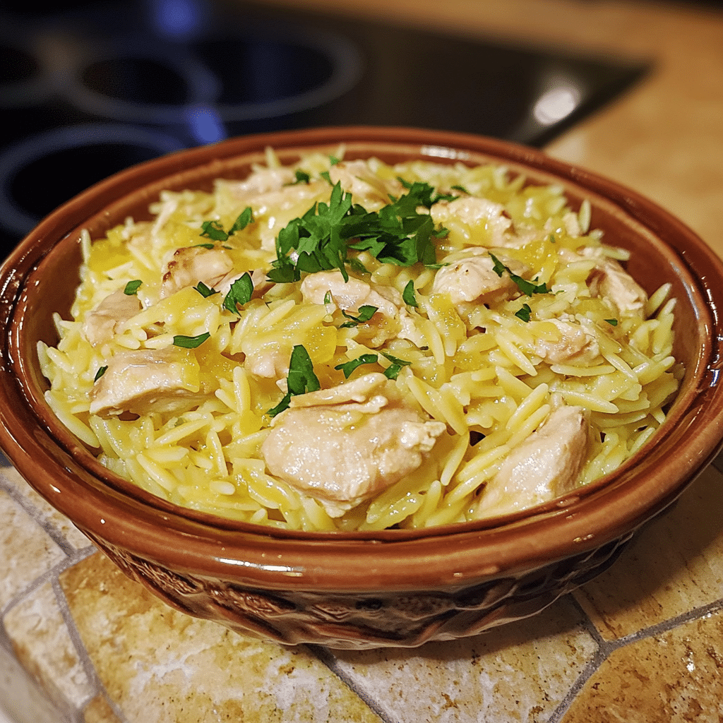 Homemade lemon chicken orzo in a serving dish in a bright kitchen