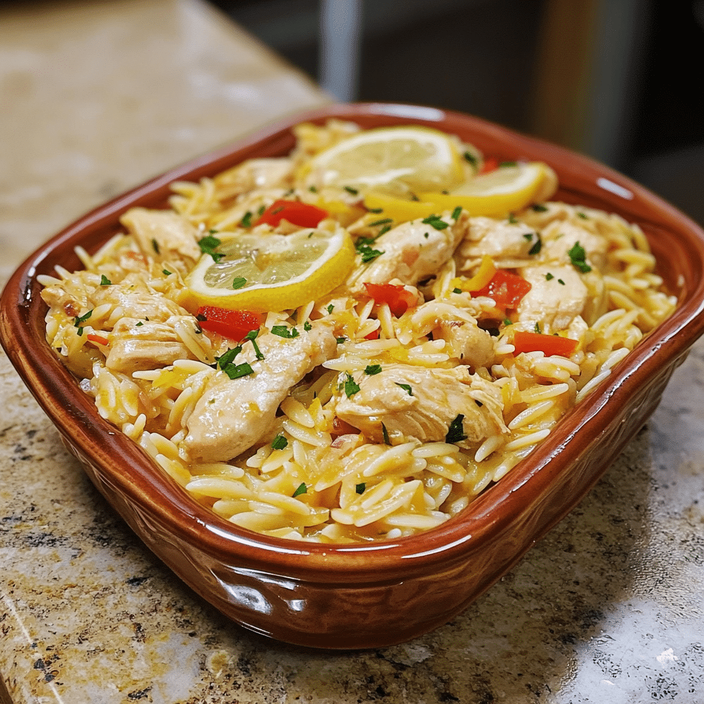 Homemade lemon chicken orzo recipe in a serving dish in a bright kitchen