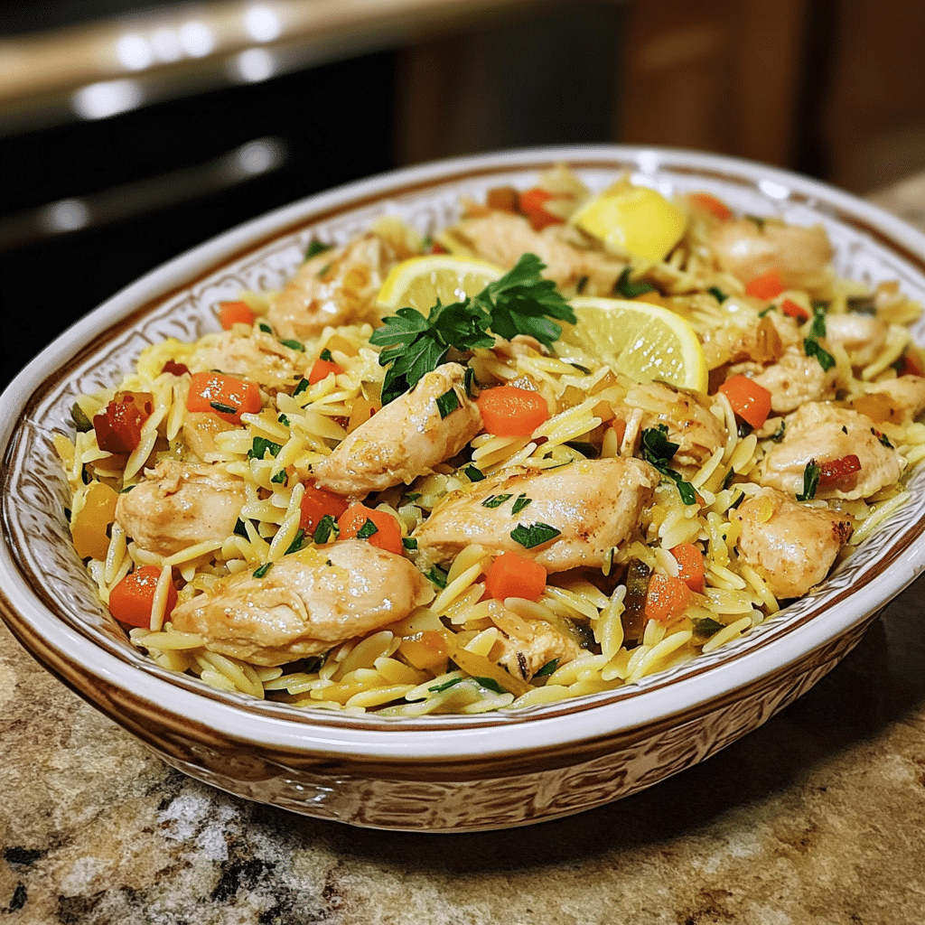 Homemade lemon chicken and veggie orzo - tastytinkerer.com in a serving dish in a bright kitchen