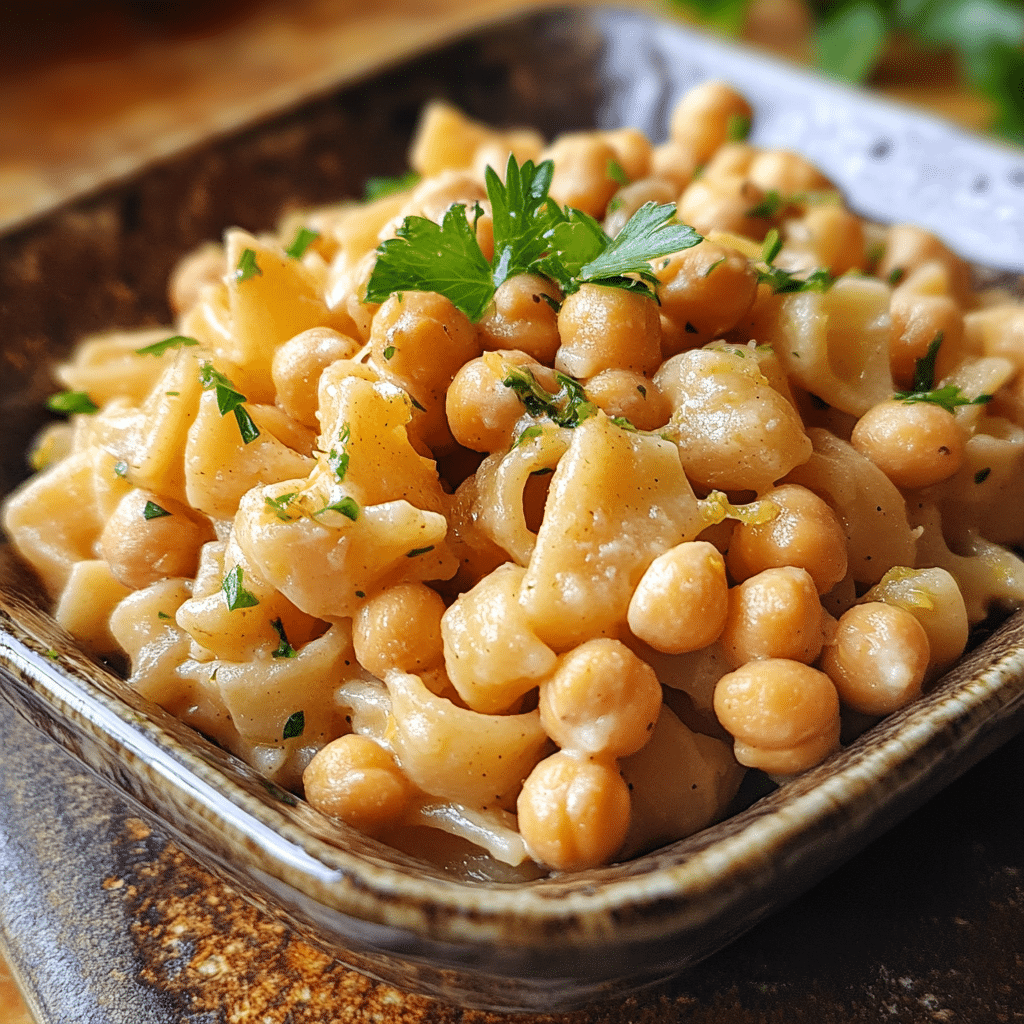 Homemade lemon garlic chickpea pasta in a serving dish in a bright kitchen