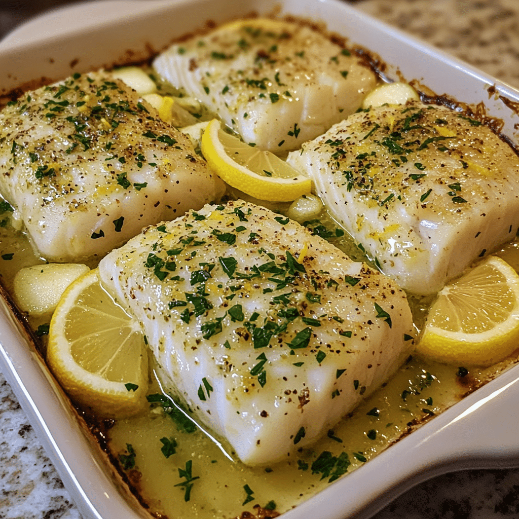Lemon herb baked white fish fillets with lemon slices and herbs in a baking dish