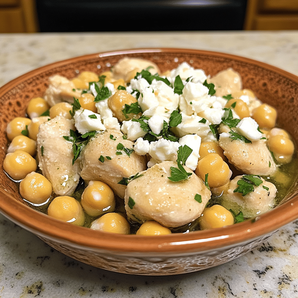 Homemade lemon-herb chicken bowl with chickpeas & feta in a serving dish in a bright kitchen