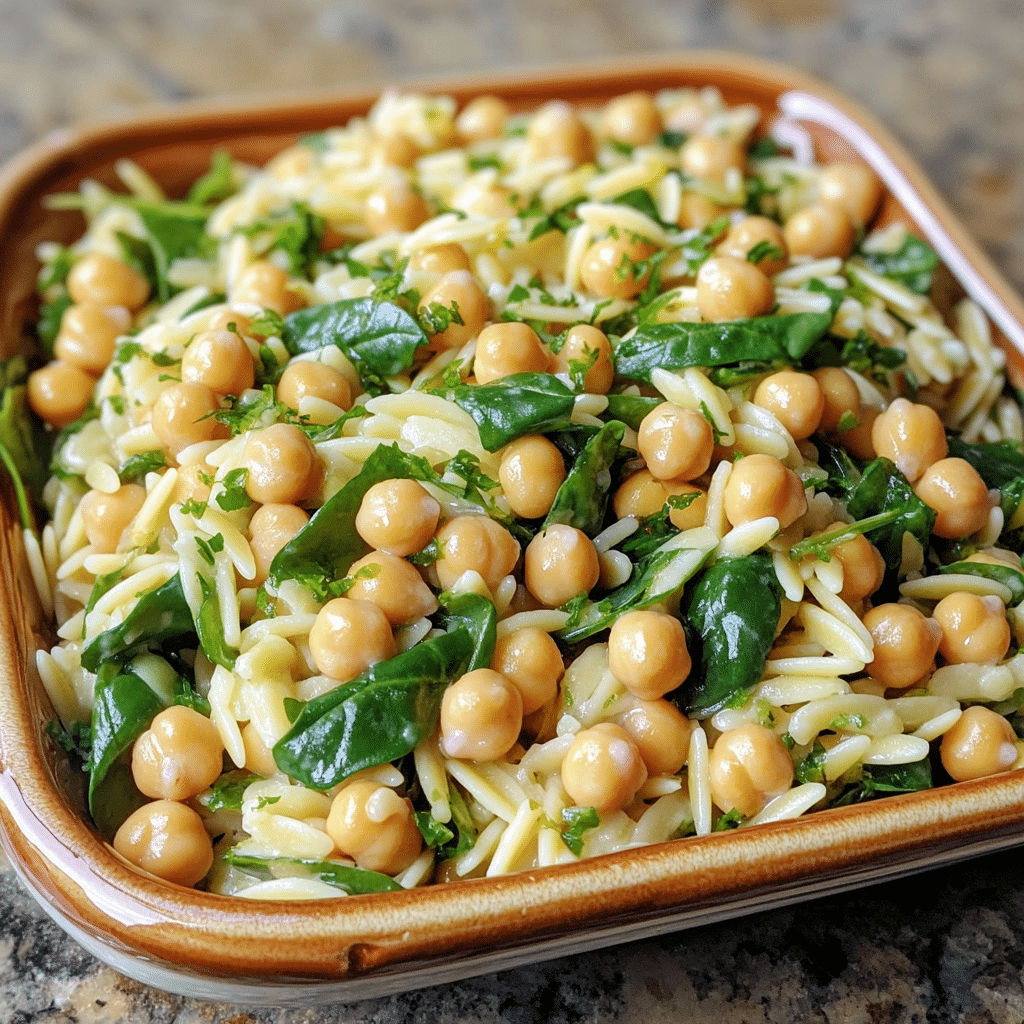 Homemade lemon orzo salad with baby spinach and chickpeas in a serving dish in a bright kitchen