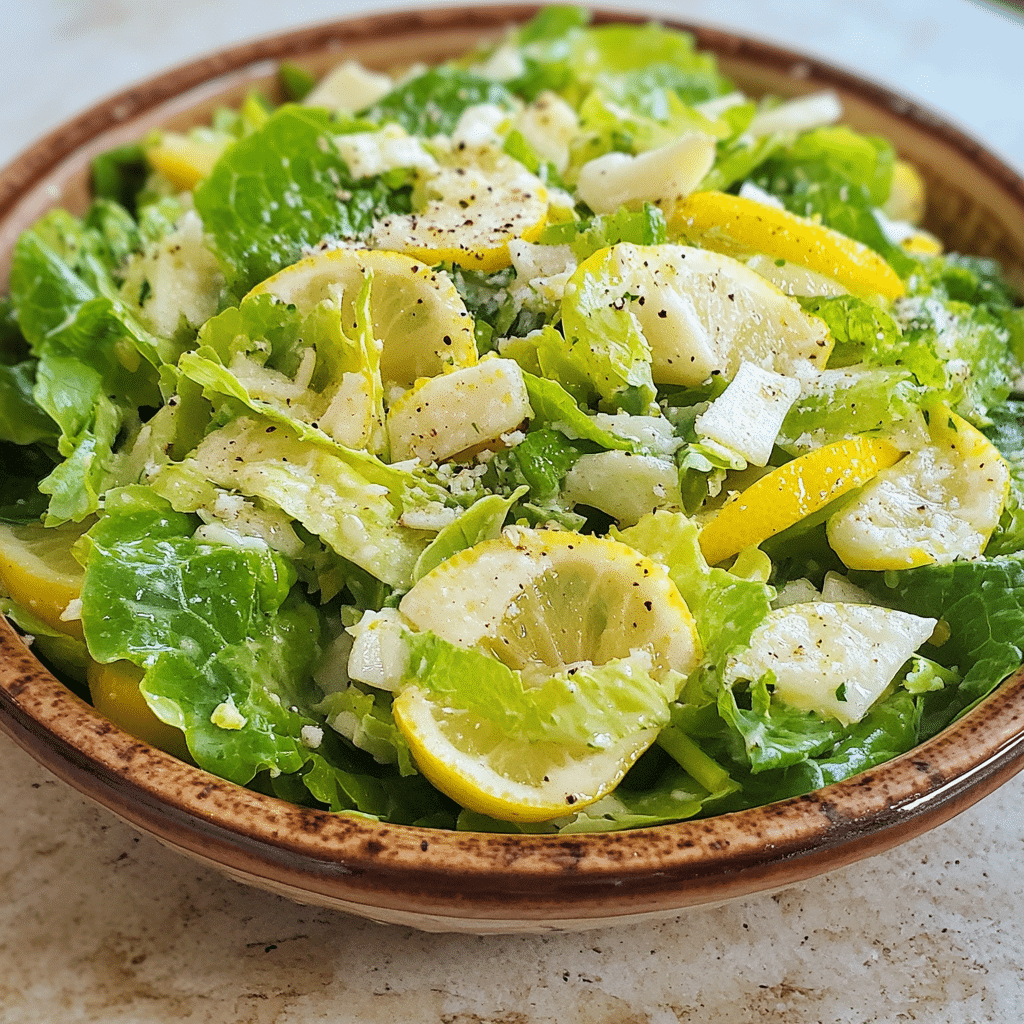 Homemade lemon parmesan lettuce salad in a serving dish in a bright kitchen