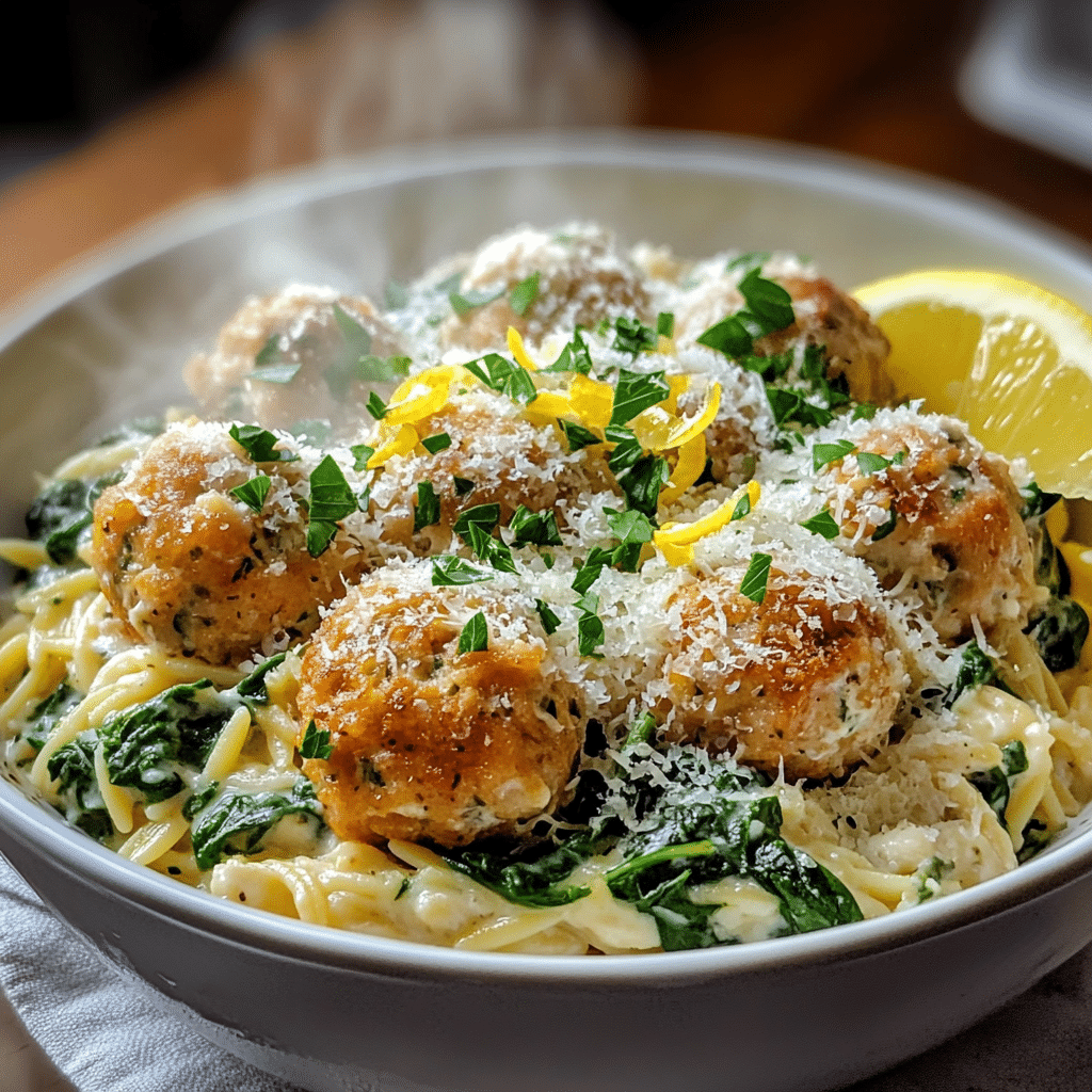 Bowl of garlic spinach orzo topped with lemony chicken ricotta meatballs and Parmesan-style cheese