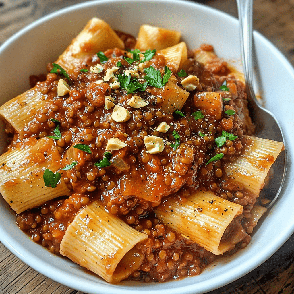 Bowl of pasta with thick lentil bolognese sauce and parsley