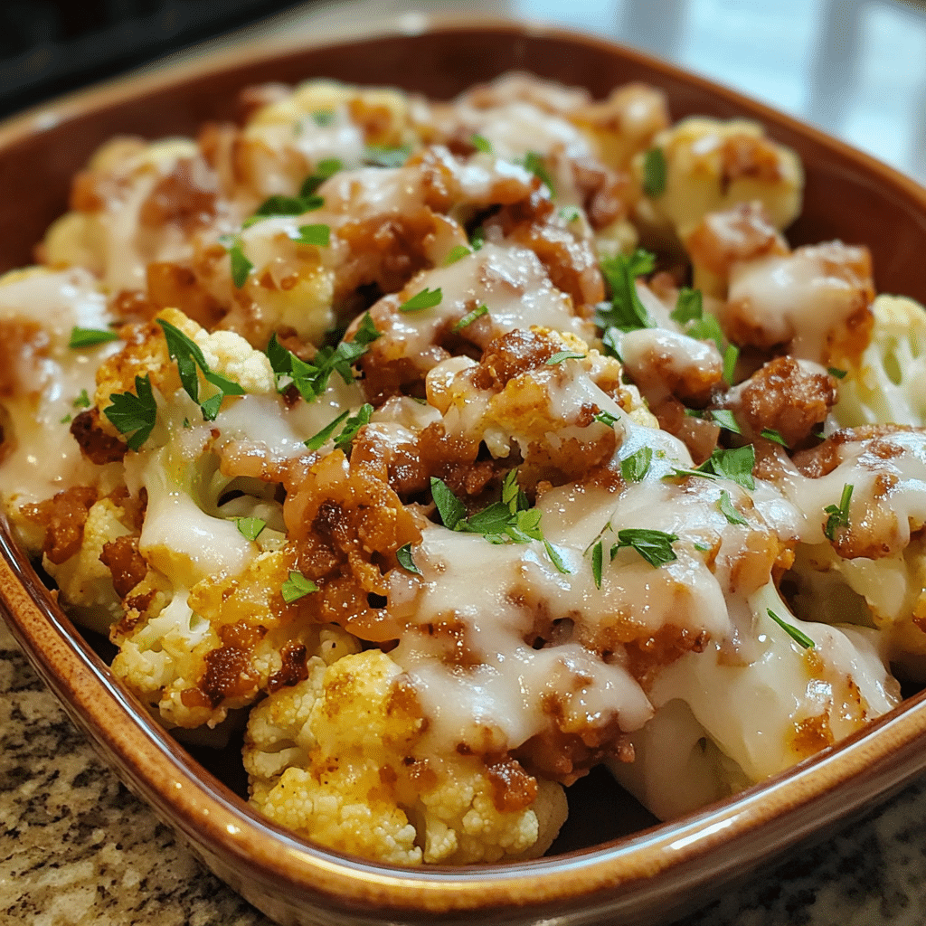 Homemade loaded cauliflower (low carb, keto) in a serving dish in a bright kitchen