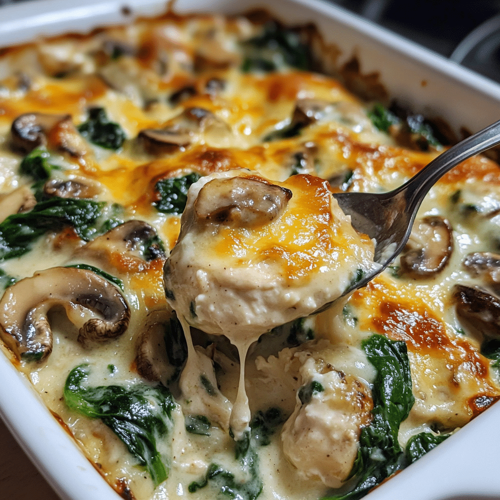 Baking dish of low carb chicken spinach mushroom bake with creamy sauce and melted cheese on top