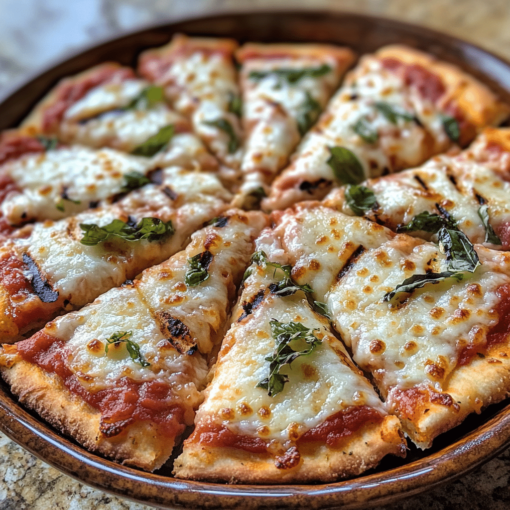 Homemade low carb grilled pizza in a serving dish in a bright kitchen