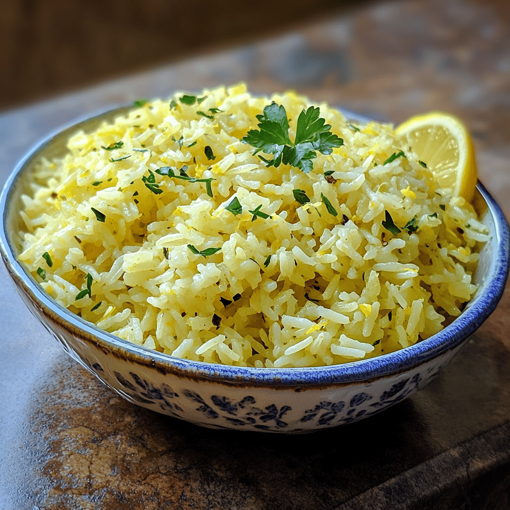 Homemade make flavorful greek lemon rice in minutes in a serving dish in a bright kitchen