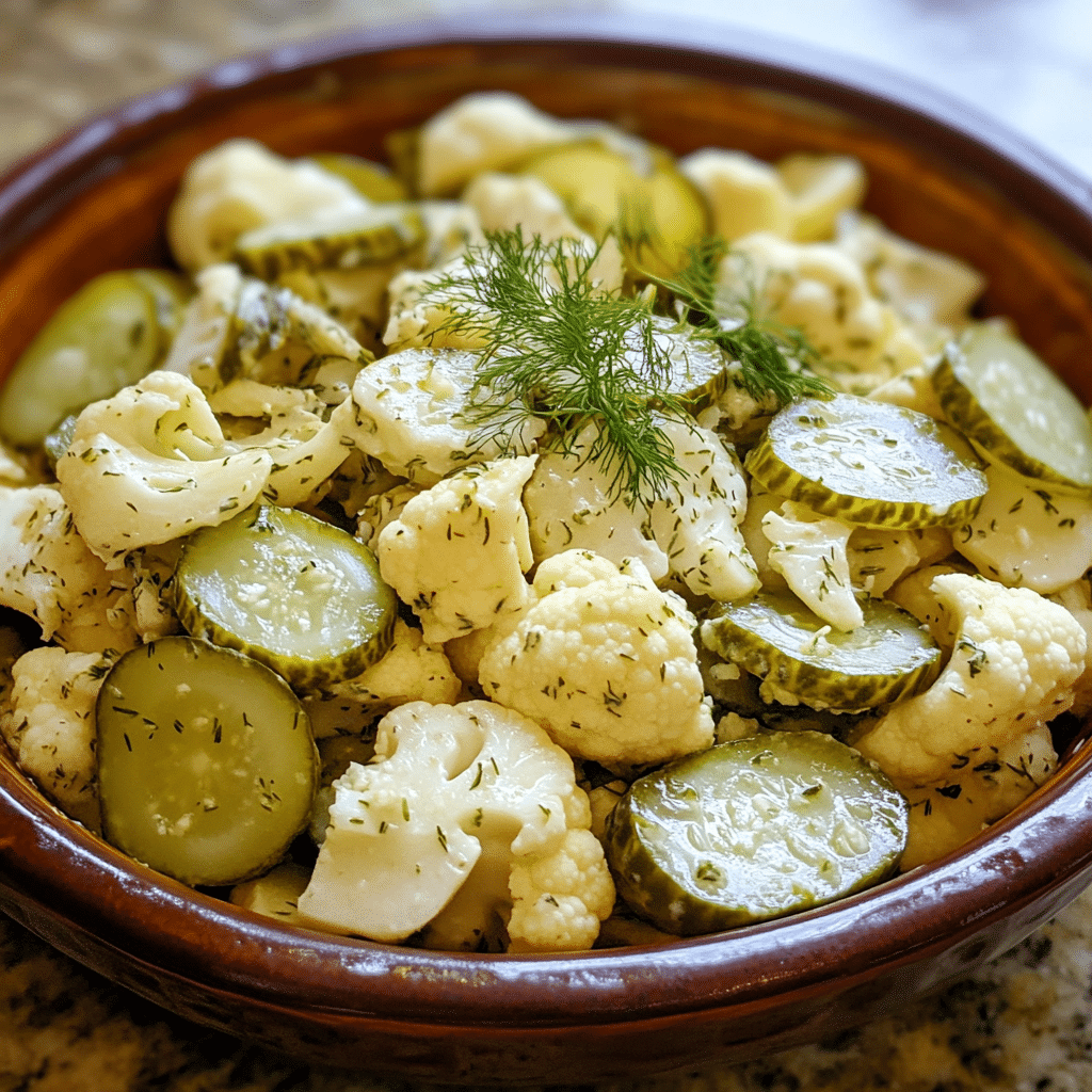 Homemade make this tasty low carb dill pickle salad with cauliflower for your next picnic, potluck, or party! in a serving dish in a bright kitchen
