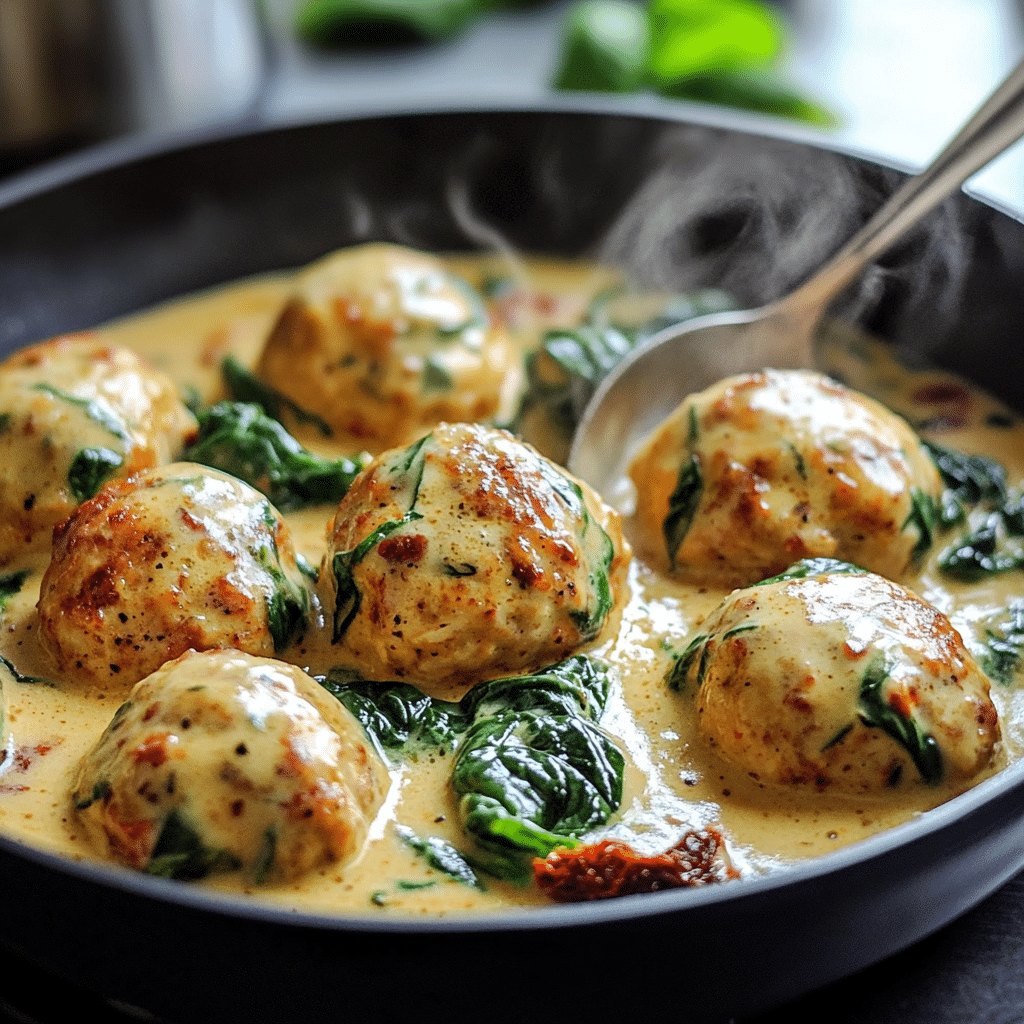 Skillet of Marry Me chicken meatballs in creamy sun-dried tomato Parmesan sauce with spinach and basil