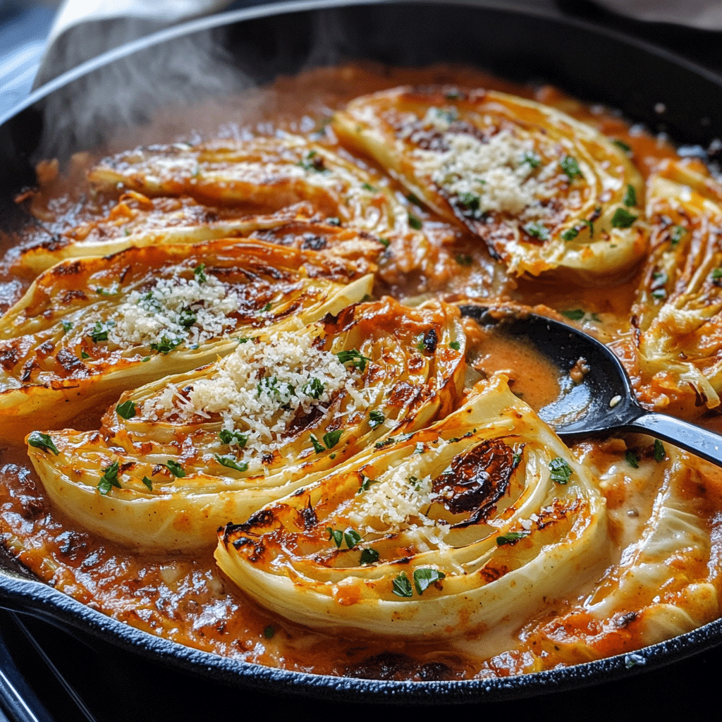 Roasted cabbage wedges in creamy sun-dried tomato Parmesan-style sauce in a skillet with herbs