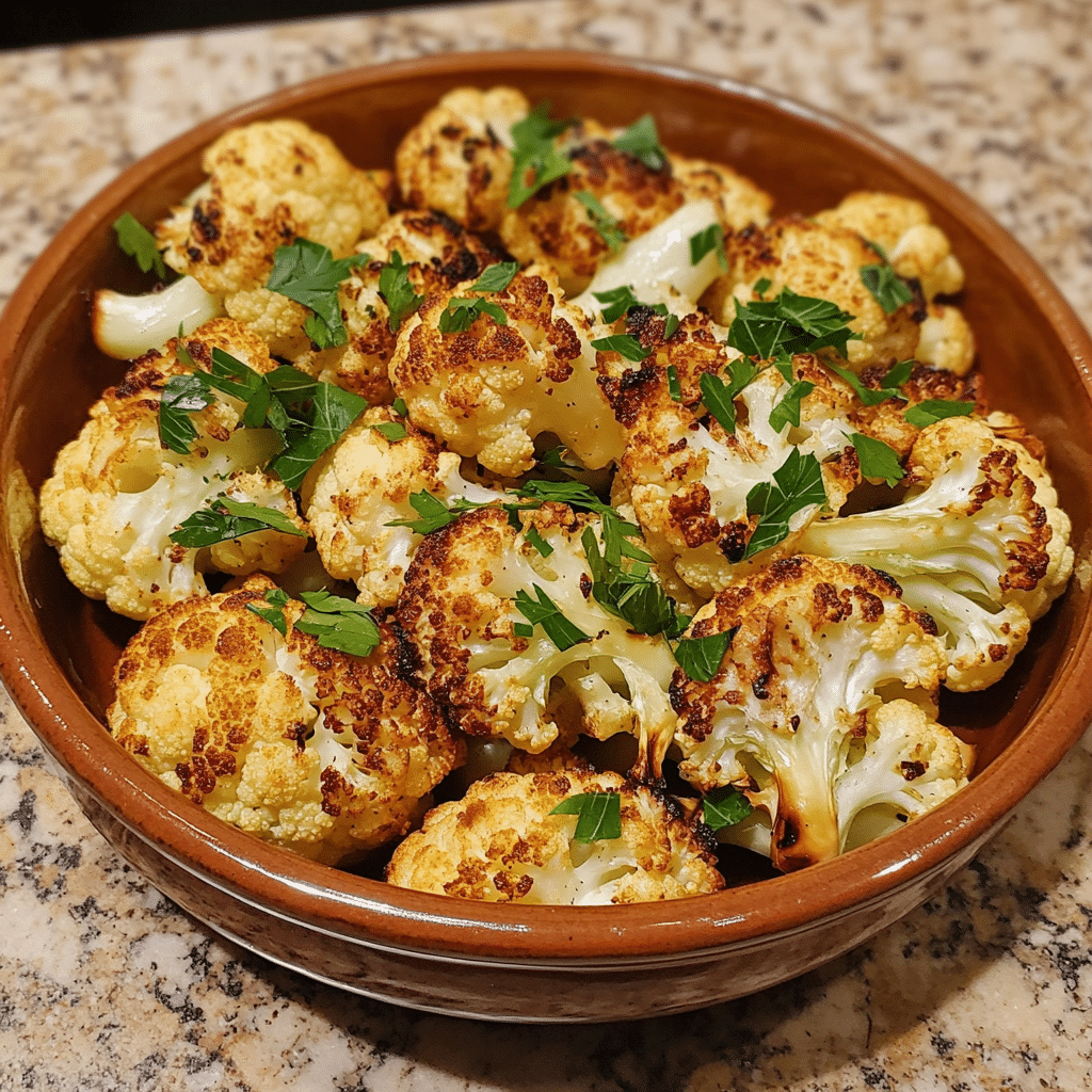 Homemade marry me roasted cauliflower in a serving dish in a bright kitchen