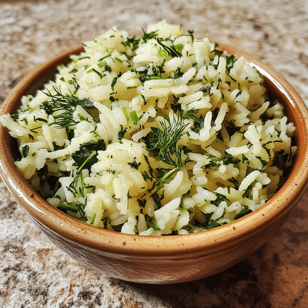 Homemade mediterranean lemon dill and spinach rice in a serving dish in a bright kitchen