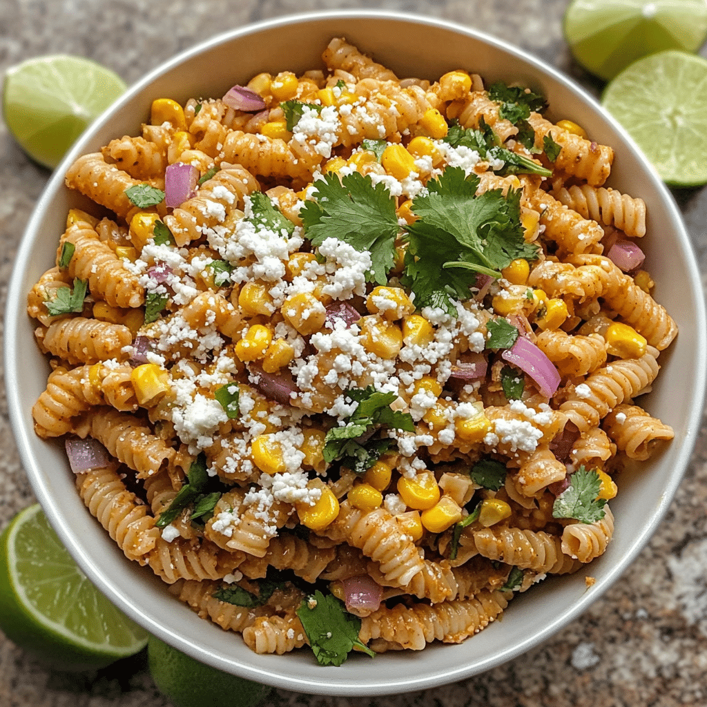 mexican street corn pasta salad with corn cilantro and creamy dressing in a bowl