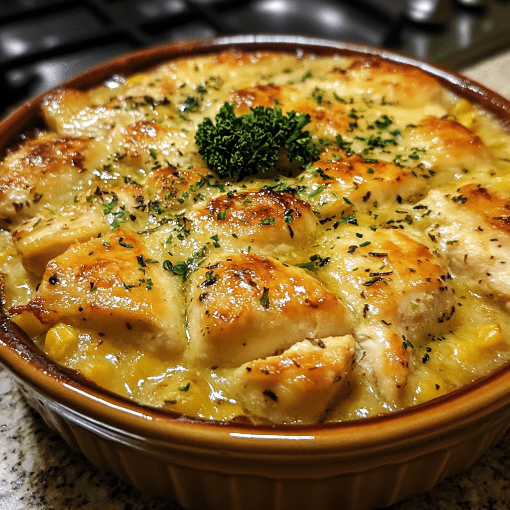 Homemade million dollar chicken casserole in a serving dish in a bright kitchen