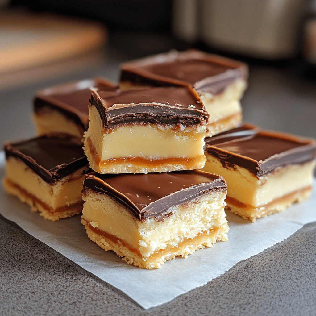 Stacked millionaire shortbread bars with shortbread, caramel, and chocolate layers