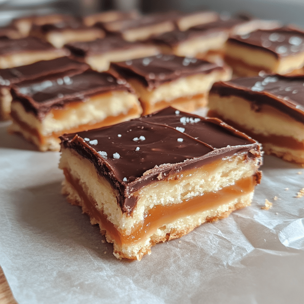 Millionaire's shortbread squares with shortbread base, caramel layer, and chocolate topping