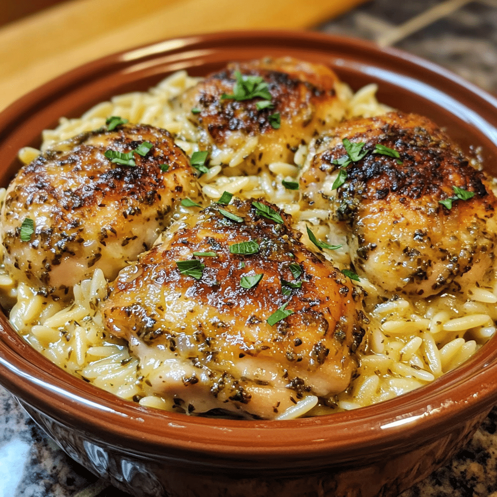 Homemade mouth-watering crockpot mustard herb chicken and creamy orzo - the coziest weeknight meal in a serving dish in a bright kitchen