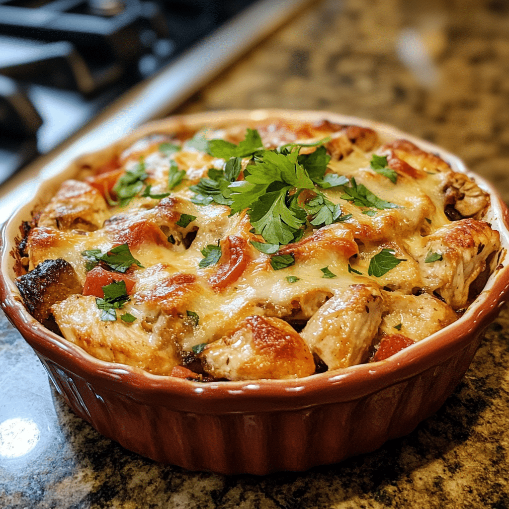 Homemade neiman marcus chicken casserole in a serving dish in a bright kitchen