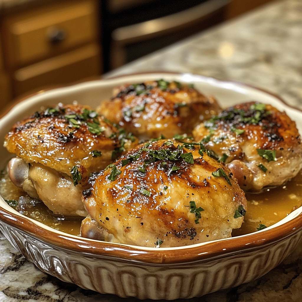 Homemade neiman marcus chicken in a serving dish in a bright kitchen