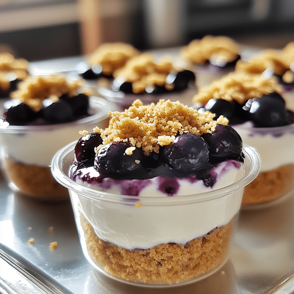 Mini cups of no-bake blueberry cheesecake shooters with graham crumbs and blueberry topping