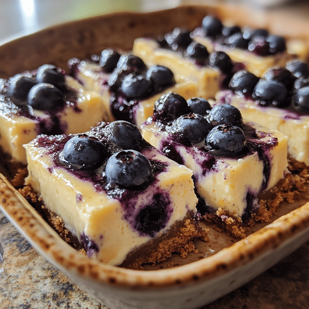 Homemade no bake lemon blueberry cheesecake bars in a serving dish in a bright kitchen