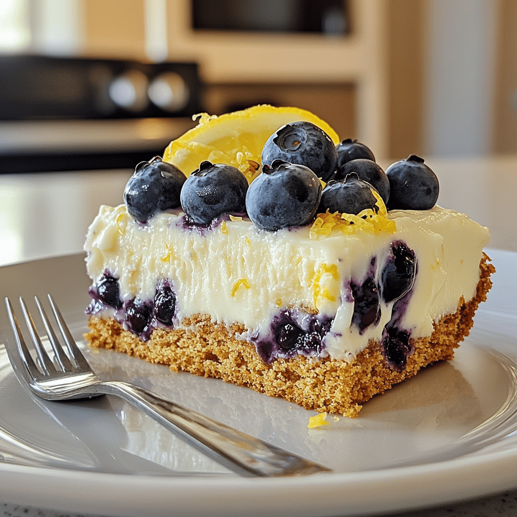 lemon blueberry icebox cake slice with graham cracker layers and blueberries