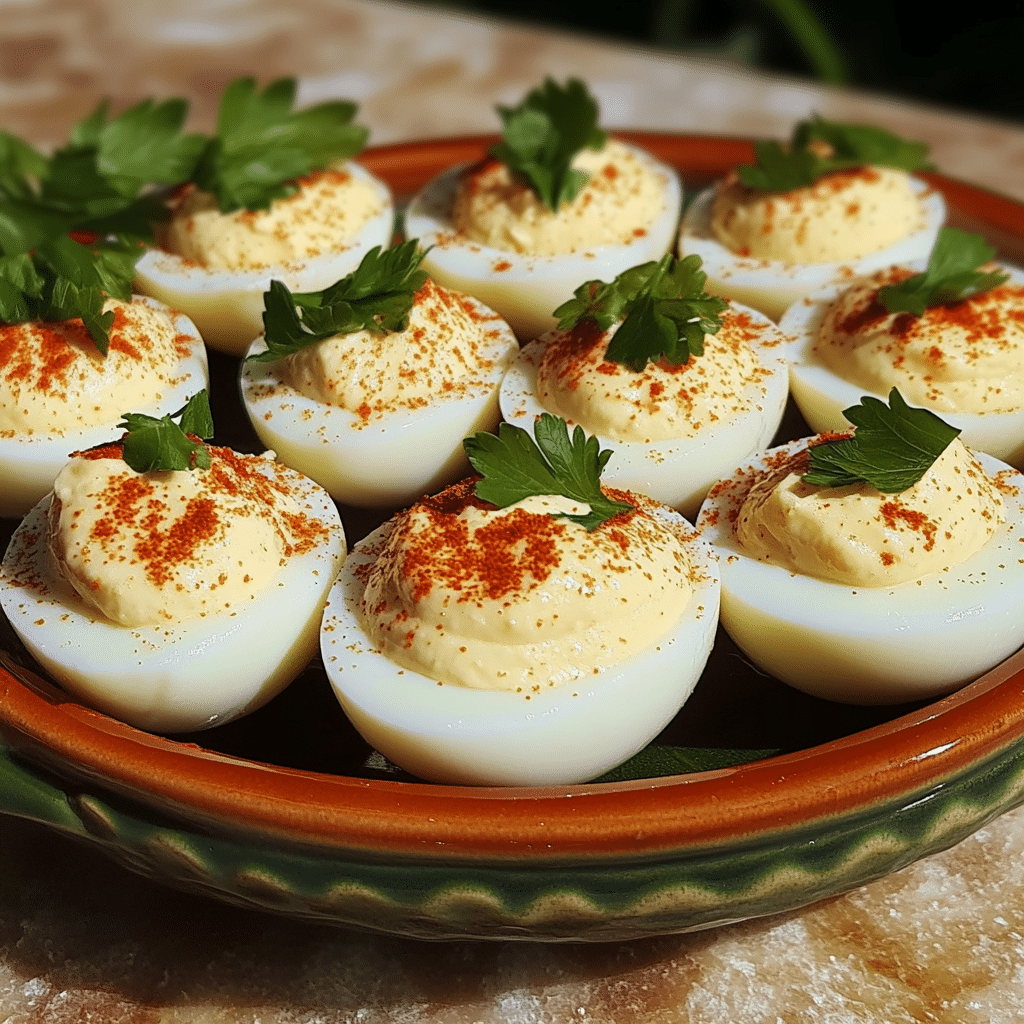 Homemade no mayo deviled eggs in a serving dish in a bright kitchen