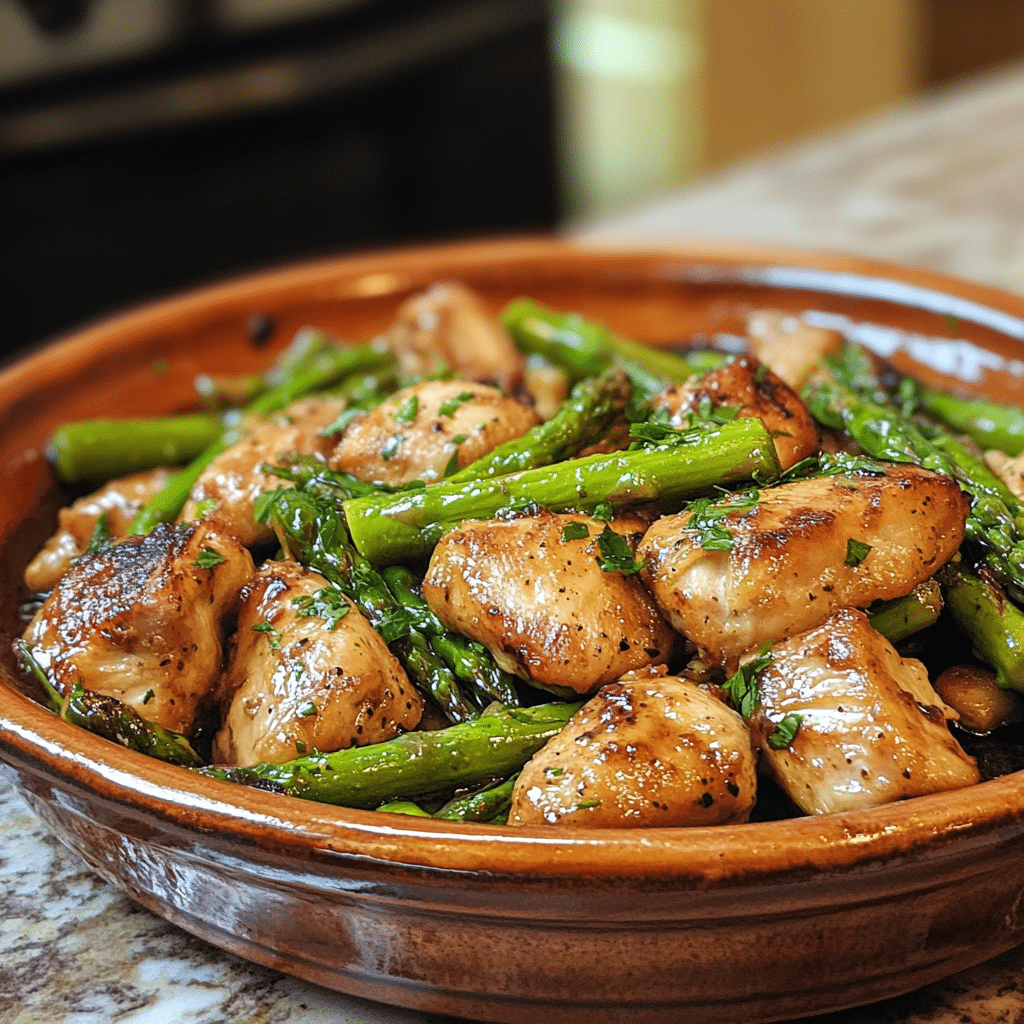 Homemade one-pan chicken and asparagus for easy meals in a serving dish in a bright kitchen