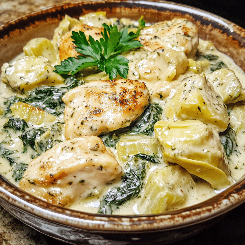 Homemade one-pan creamy spinach artichoke chicken in a serving dish in a bright kitchen