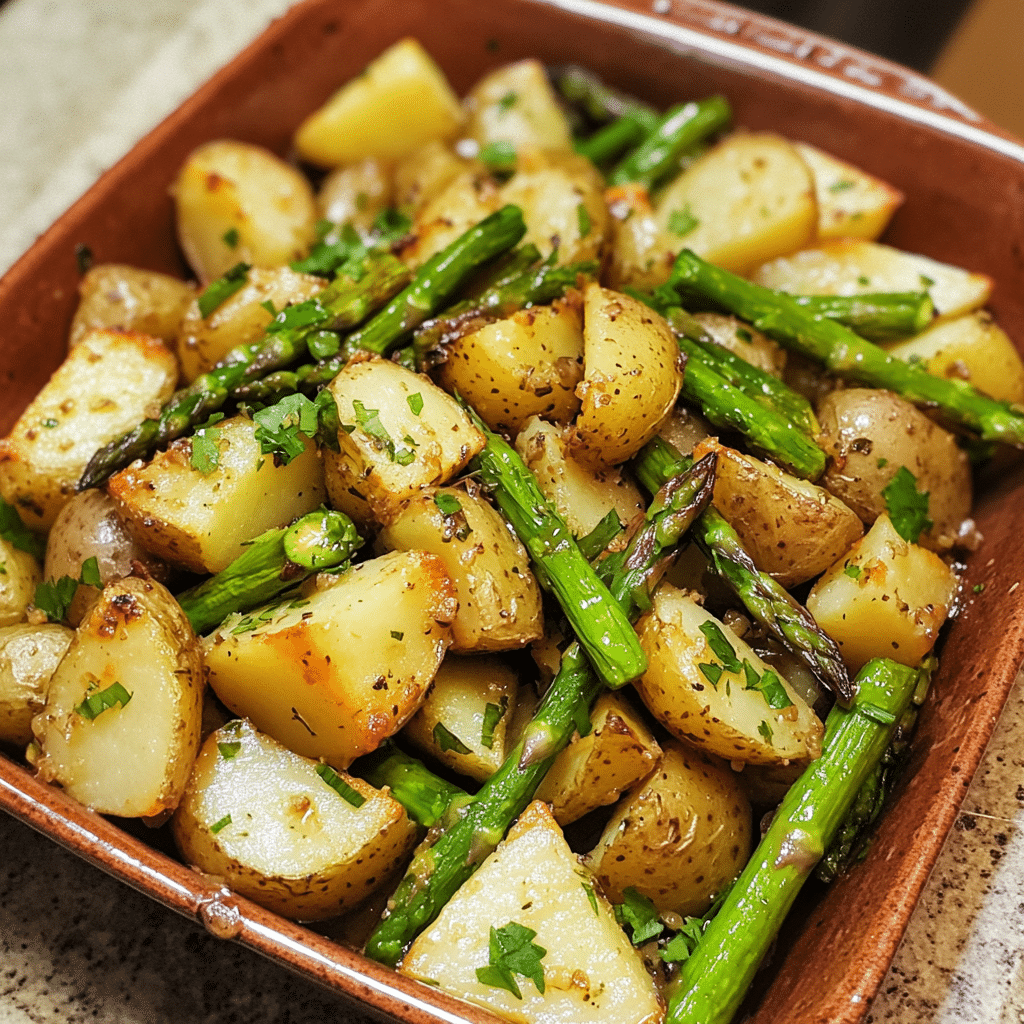 Homemade one-pan garlic potatoes & asparagus for effortless flavor in a serving dish in a bright kitchen