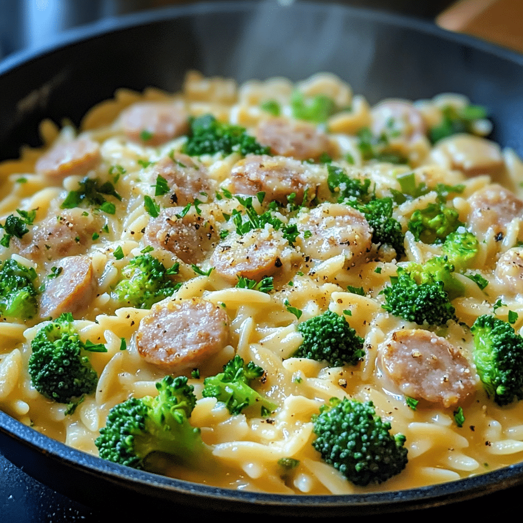Skillet of creamy chicken sausage and broccoli orzo with Parmesan-style sauce and herbs