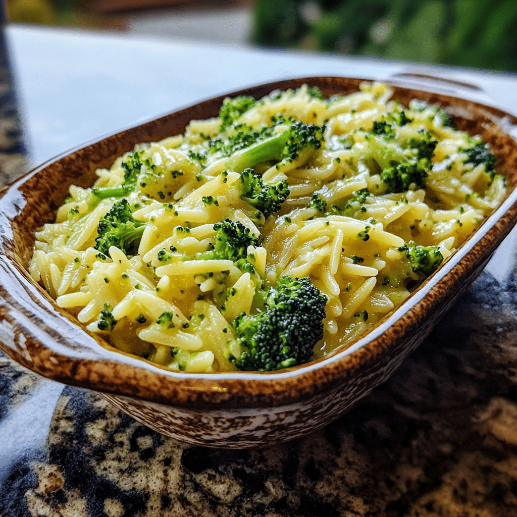Homemade one-pot lemon broccoli orzo in a serving dish in a bright kitchen