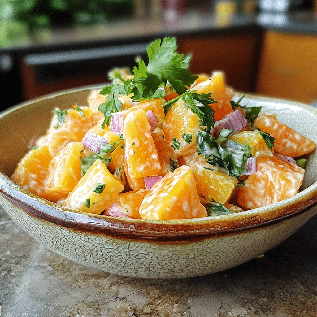 Homemade orange dreamsicle salad in a serving dish in a bright kitchen