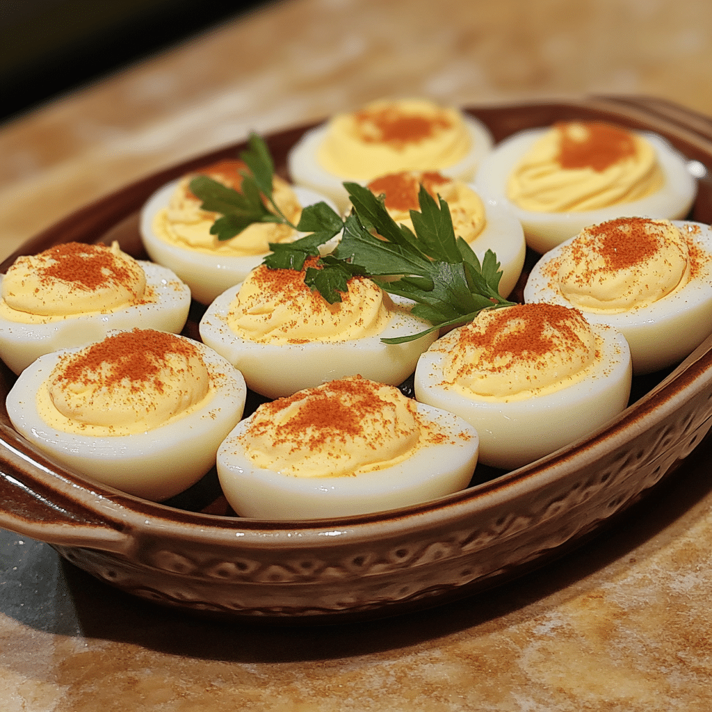 Homemade paula deen’s classic deviled eggs in a serving dish in a bright kitchen