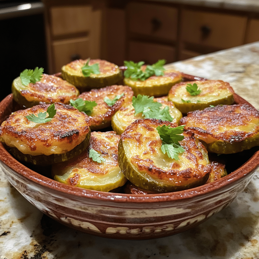 Homemade pickle cheeseburger poppers in a serving dish in a bright kitchen