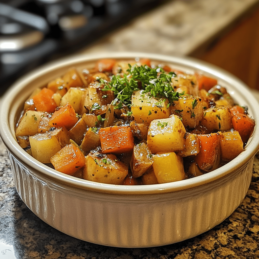 Homemade pin on winter recipes in a serving dish in a bright kitchen