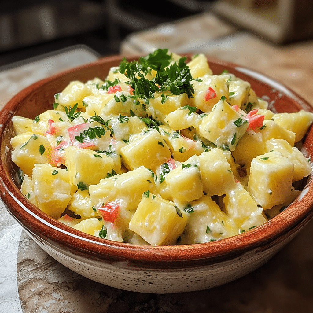 Homemade pineapple fluff salad in a serving dish in a bright kitchen