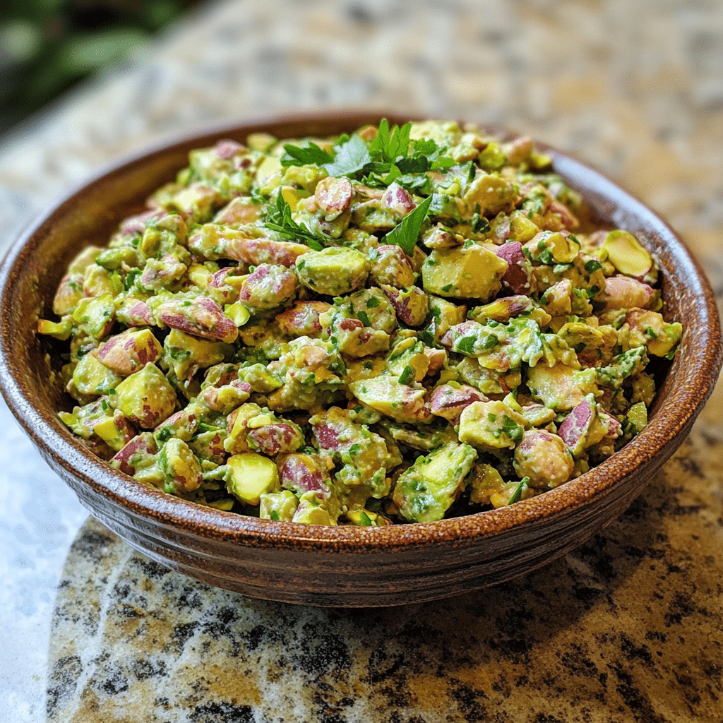 Homemade pistachio fluff salad for thanksgiving in a serving dish in a bright kitchen