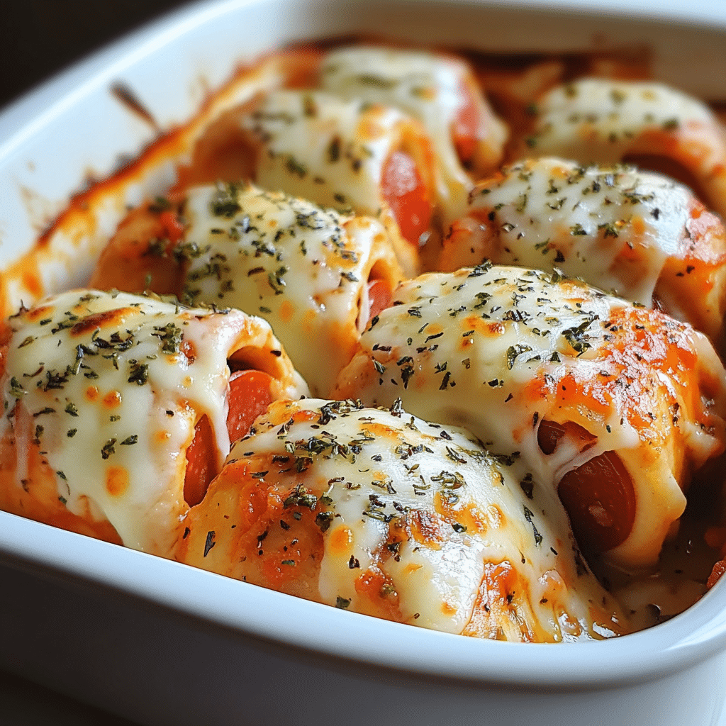 Baked chicken roll-ups stuffed with mozzarella and turkey pepperoni