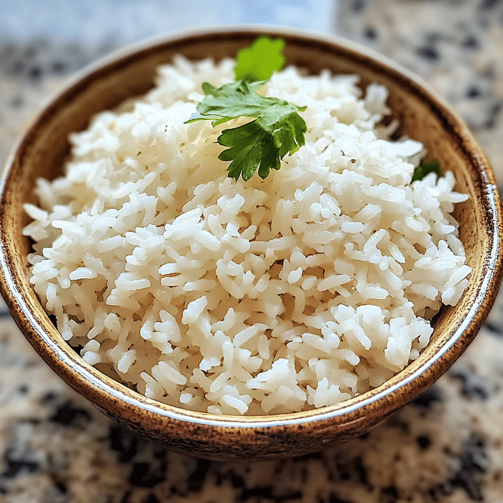Homemade plain rice in a serving dish in a bright kitchen
