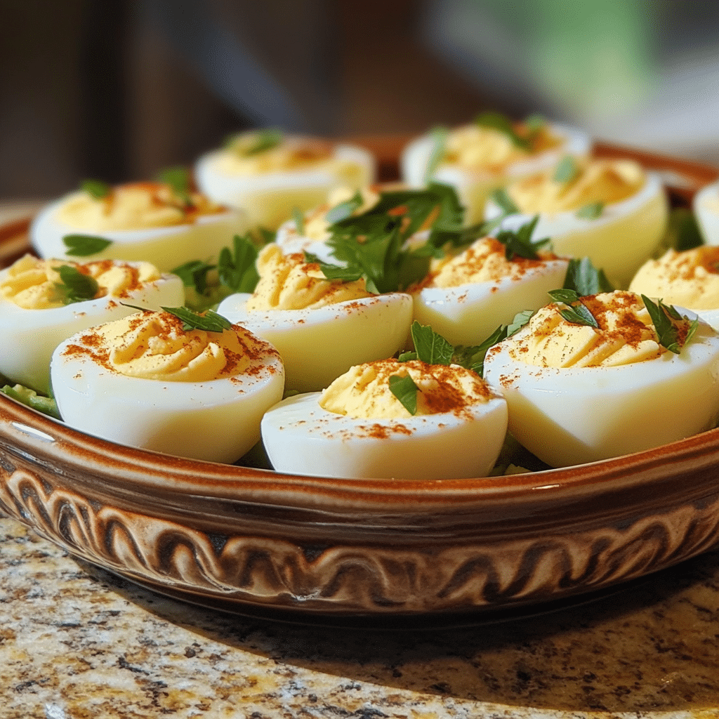 Homemade potato salad deviled eggs in a serving dish in a bright kitchen