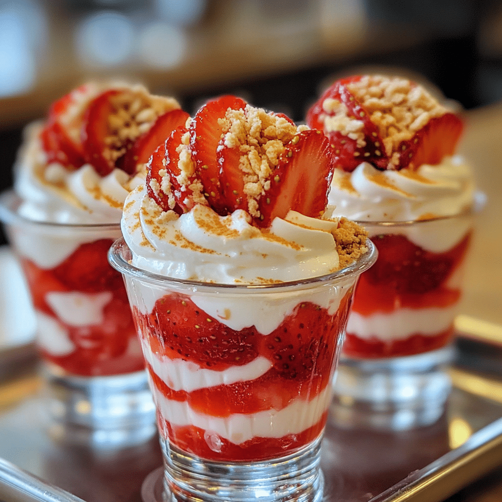 Clear cups of strawberry Jell-O parfait layered with whipped topping and fresh strawberries