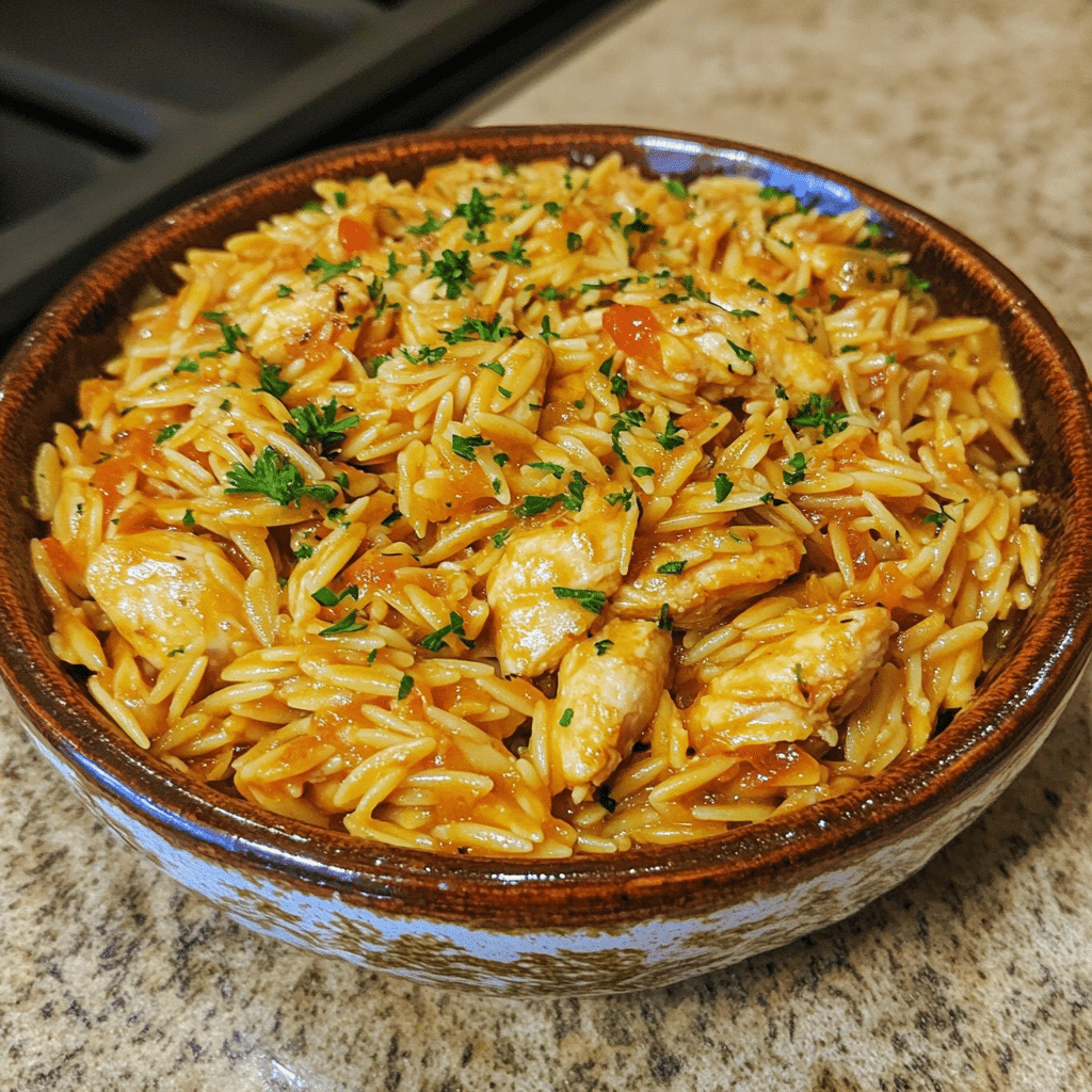 Homemade quick high protein chicken orzo in a serving dish in a bright kitchen