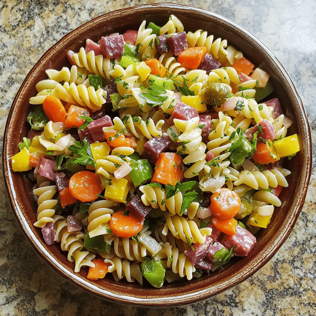 Homemade rainbow antipasto pasta salad in a serving dish in a bright kitchen