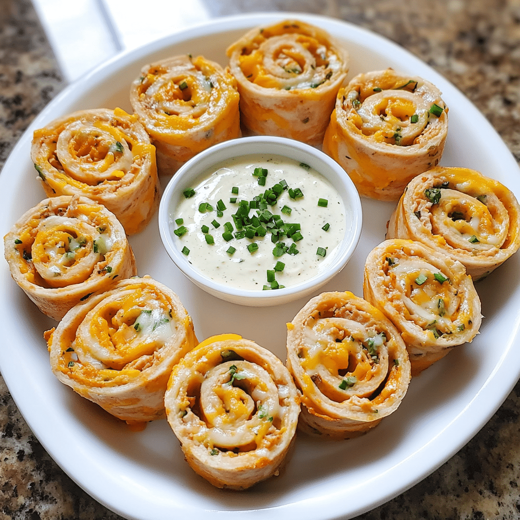 ranch turkey and cheese tortilla pinwheels on a platter with dip